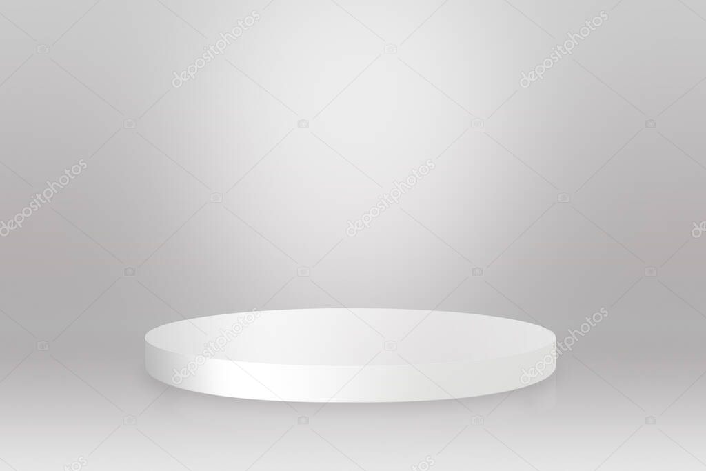 Shiny grey round pedestal podium.3d render. 3d illustration. Futuristic background can be add on banners flyers ro web. 3d render. Copy space for text