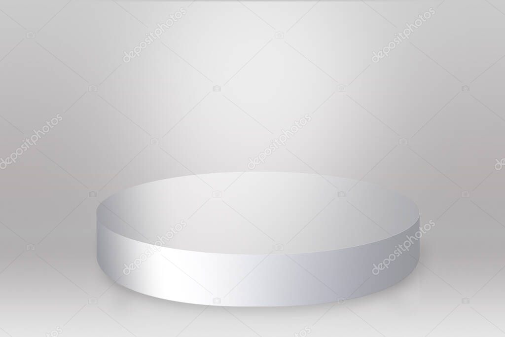 Shiny grey round pedestal podium.3d render. 3d illustration. Futuristic background can be add on banners flyers ro web. 3d render. Copy space for text