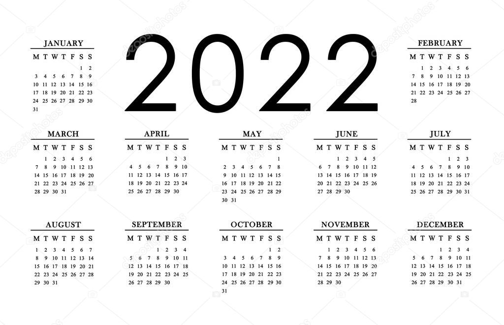 Calendar for 2022 on white background.12 months yearly calendar set in 2022 .