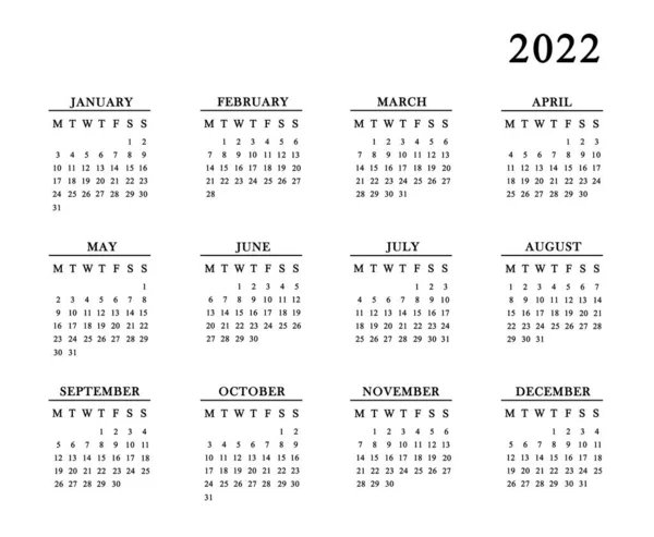 Kalender Für 2022 Auf Weißem Hintergrund Monate Jahreskalender Für 2022 — Stockfoto