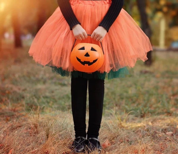 Uma Menina Disfarçada Bruxa Com Balde Abóbora Miúdo Divertir Halloween — Fotografia de Stock