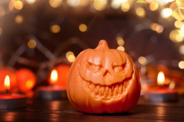 Halloween Hintergrund Mit Kürbissen Auf Holzhintergrund Mit Bokeh Lichtern Kopierraum — Stockfoto