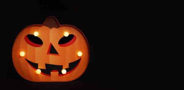 Gruseliger Halloween Kürbis Jack Lantern Mit Leuchtenden Lampen Auf Schwarzem — Stockfoto