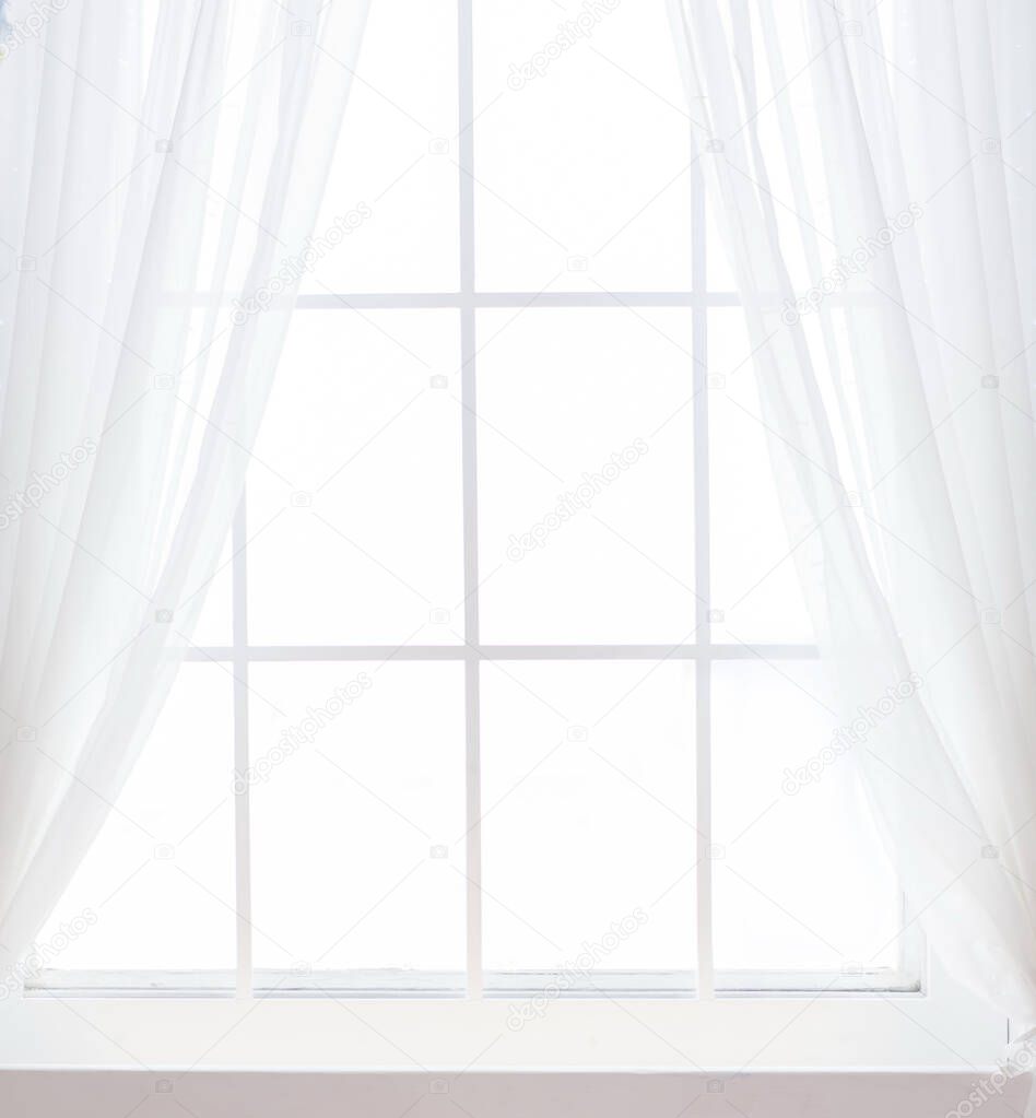 White window with transparent curtain close-up. Empty window sill. A place for your products and your advertisements. Scene, podium