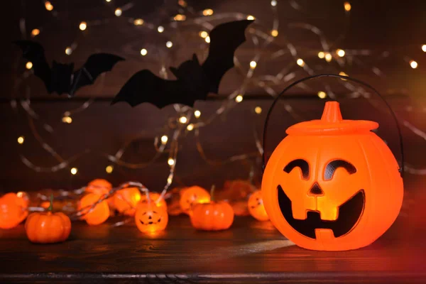Ragyogó Halloween Kézitáska Formájában Tök Denevérek Háttér Bokeh Fények Halloween — Stock Fotó