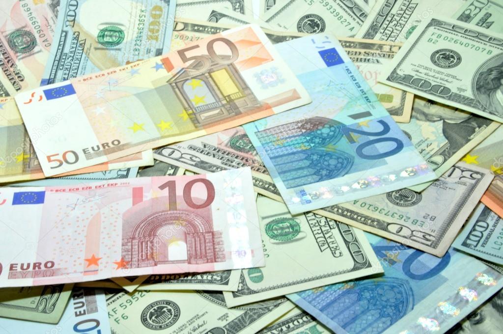 many dollar and euro, close-up