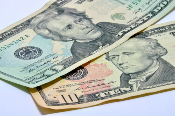 Amerykański 10 i 20 dolarów USA na białym tle — Zdjęcie stockowe