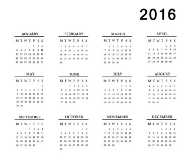 Beyaz arka plan üzerinde 2016 için takvim. 