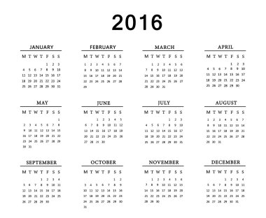 Beyaz arka plan üzerinde 2016 için takvim. 