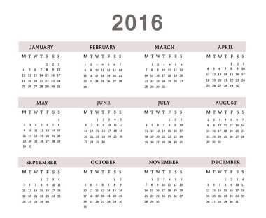 Beyaz arka plan üzerinde 2016 için takvim. 