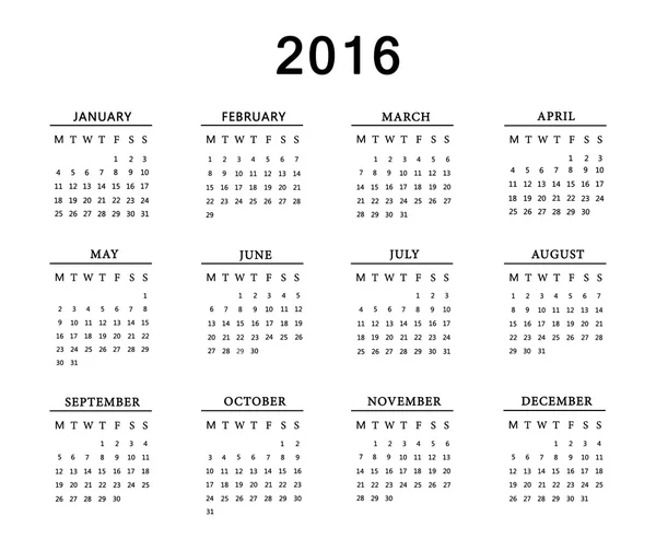 Calendar for 2016 on white background. — Stock Photo, Image