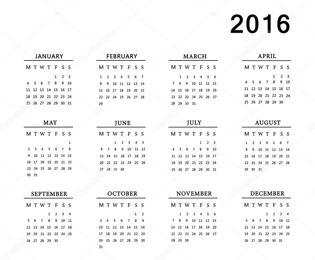 Calendar for 2016 on white background. 