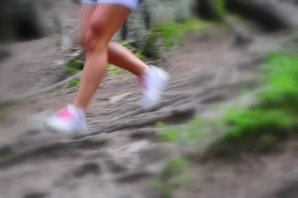 Dağ iz üzerinde çalışan genç fitness kadın runner bacaklar — Stok fotoğraf