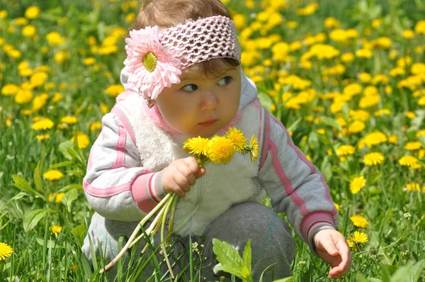 Little girl holding a bouquet of dandelions — Stock Photo, Image