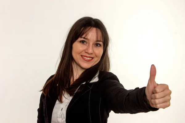 Γυναίκα ευτυχισμένη επιχειρήσεων με μπράβο χειρονομία σε άσπρο φόντο — Φωτογραφία Αρχείου