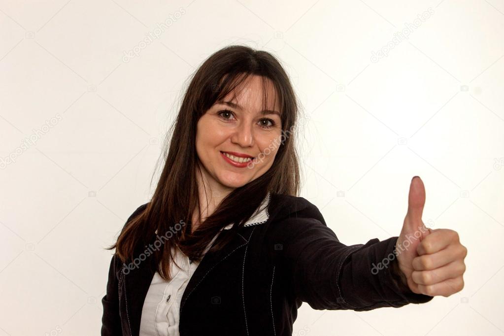 Happy  business woman with thumbs up gesture on white background