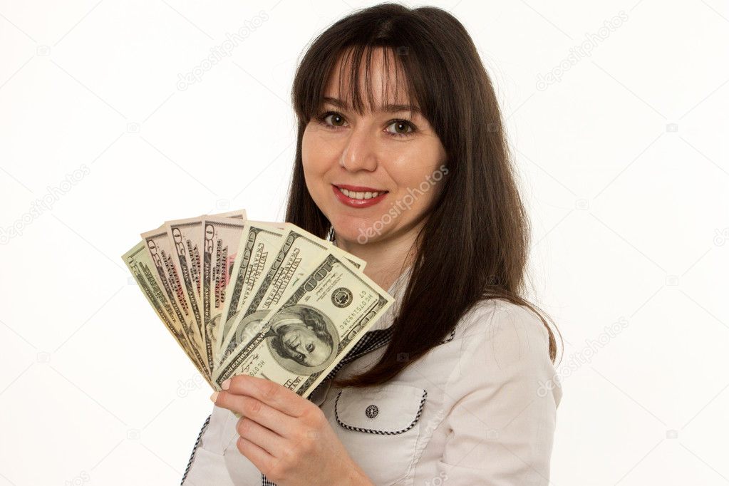 happy girl with dollars in hand on white background