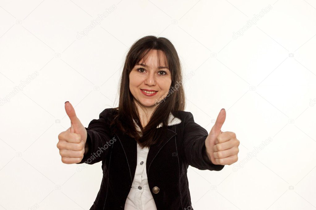 Happy  business woman with thumbs up gesture on white background