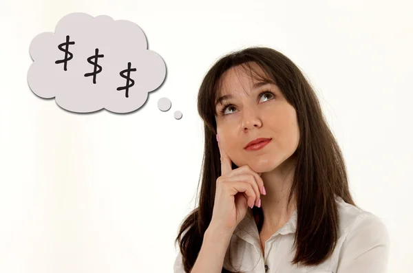 Wanita bisnis berpikir tentang mata uang dolar pada latar belakang putih — Stok Foto