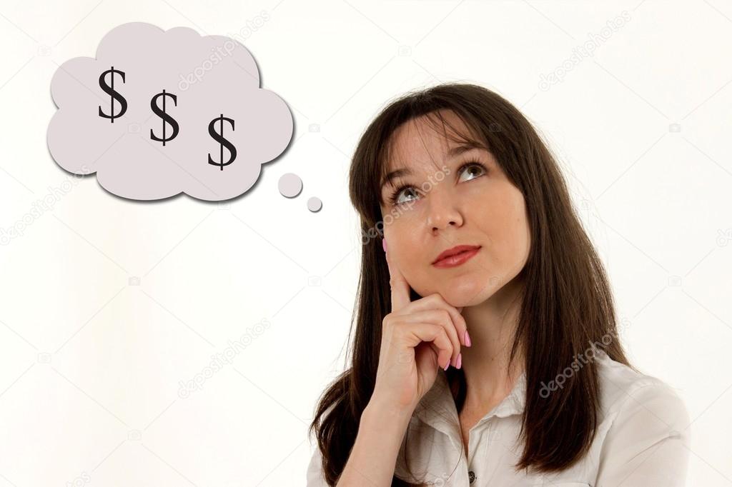 Business woman thinking about dollar currency on white background