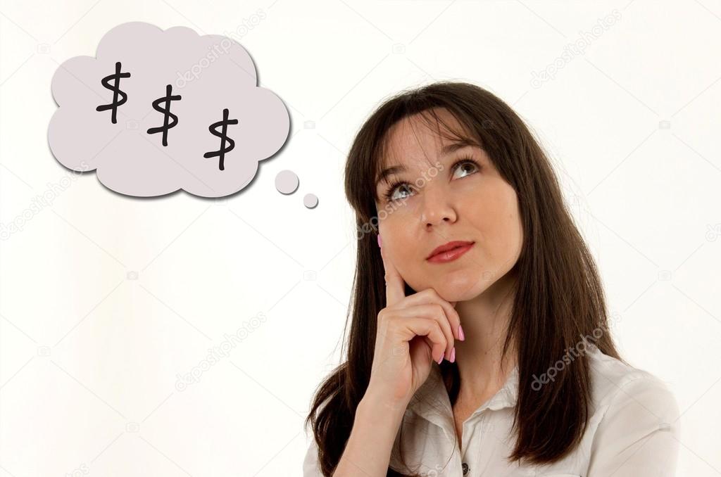 Business woman thinking about dollar currency on white background