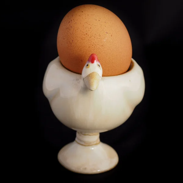 Un huevo en la taza de huevo con fondo blanco — Foto de Stock
