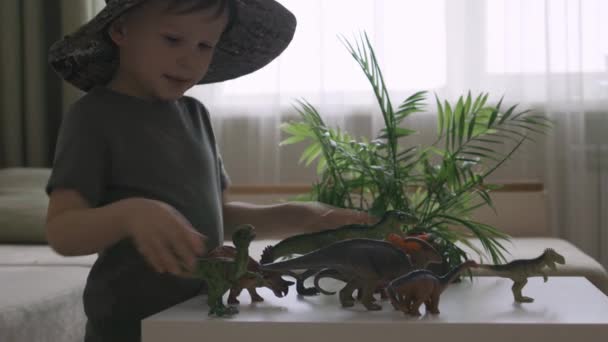 Boy Plays Dinosaur Figurines Table Little Explorer Hat Handheld Close — Stock Video