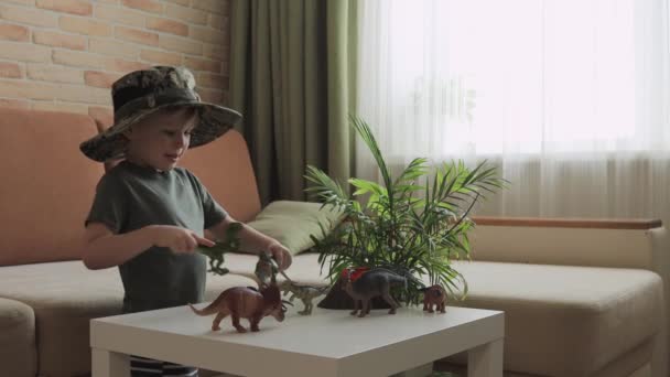 Boy Plays Dinosaur Figurines Table Little Explorer Hat Medium Shot — Stock Video