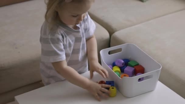 Menina Jogando Figuras Madeira Mesa Coloque Cubos Uma Caixa Handheld — Vídeo de Stock