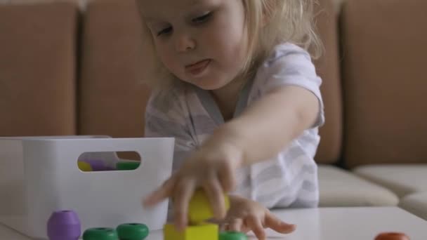 Menina Jogando Figuras Madeira Mesa Coloque Cubos Uma Caixa Handheld — Vídeo de Stock