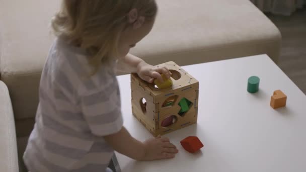 Menina Jogando Caixa Madeira Com Figuras Geométricas Mesa Classificar Cubos — Vídeo de Stock