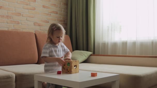 Meisje Spelen Houten Doos Met Geometrische Figuren Tafel Regenboogblokjes Sorteren — Stockvideo