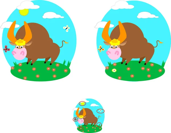 Find the difference in the picture bull on the lawn — Stock Vector