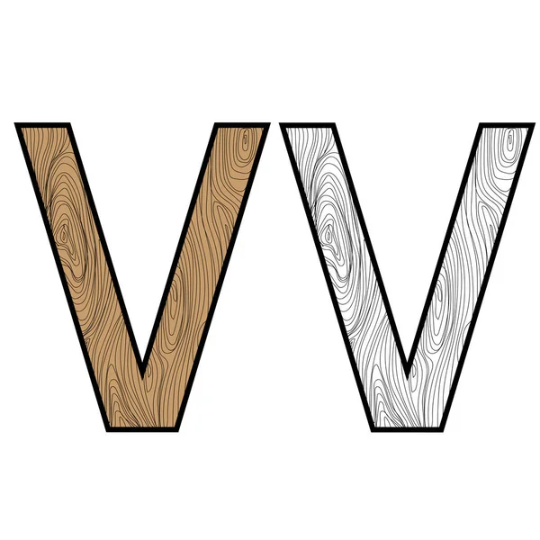 Buchstabe aus Holz Buchstabe V Farbe und schwarz-weiß — Stockvektor