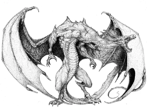 O dragão está de pé em suas patas traseiras no chão e se prepara para atacar. — Fotografia de Stock