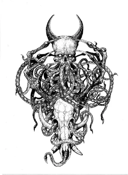 Två skallar med horn sammanflätade med tentakler bläck — Stockfoto