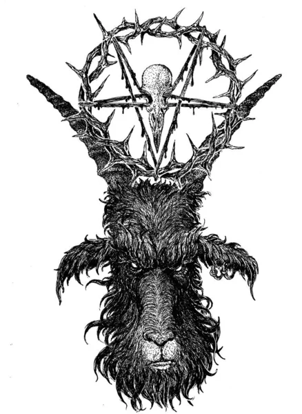 Tatuaje en forma de una cabra con un petagrama y un cráneo de cuervo Fotos De Stock Sin Royalties Gratis