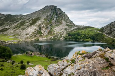 Asturias 'taki Picos de Europa' nın yüksek dağlarındaki Covadonga Göllerinin manzarası.