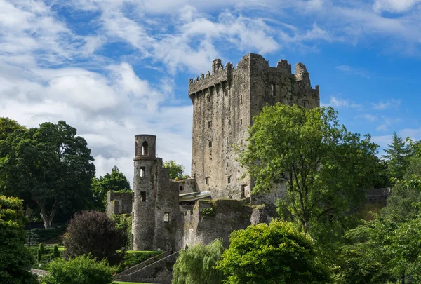 Ruins of medieval castle in Ireland among greenery and with blue sky and white clouds.