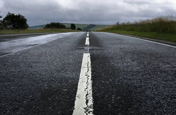 Görüntünün ortasında beyaz çizgili, ıslak asfalt ve bulutlu gökyüzü olan boş yol.