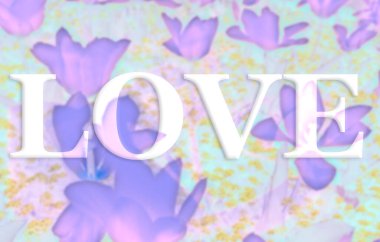 Pembe ve leylak renkte, aşk sözcüğüyle, odaklanmamış çiçeklerin fotoğrafında. Sevgililer Günü.