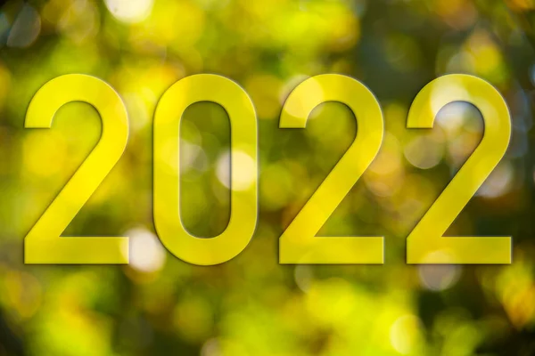 Текст Нового 2022 Року Зелених Жовтих Тонах Дефокусованому Фоні Боке — стокове фото