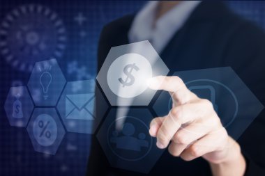 İşadamı el ekran simge mali dokunmadan. Reklam için kullanılabilir.