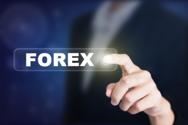 Bir Forex kavramı düğmeye basarak iş adamı. Reklamcılıkta kullanılabilecek.