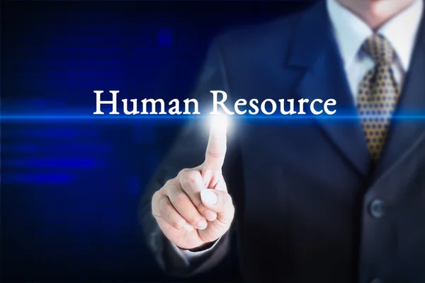 Businessman holding a white sign with the message Human Resource. Can be used for your advertising. — Stock Photo, Image