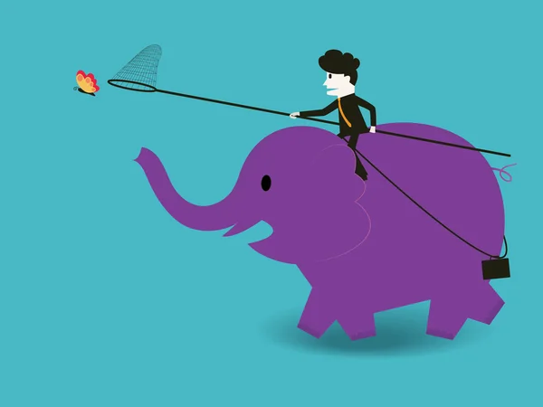 Homem de negócios para montar um elefante para pegar uma borboleta —  Vetores de Stock
