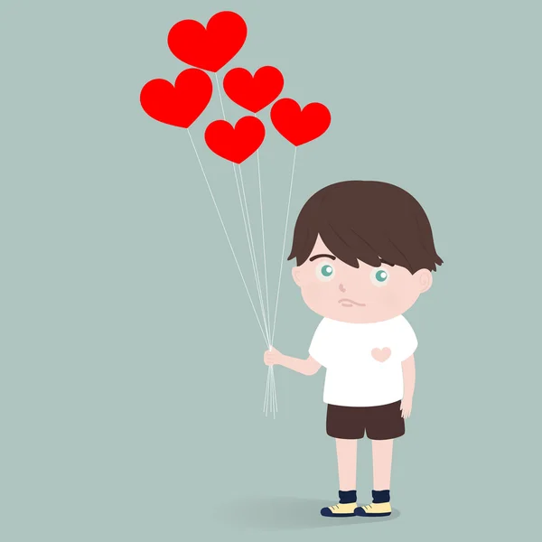 Niño con globos cardíacos — Vector de stock