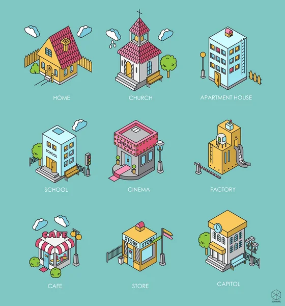 Set Gedung Isometric. Ilustrasi vektor hitam dan putih - Stok Vektor