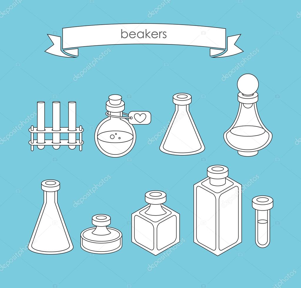 Set of  apothecary and medical beakers, laboratory flasks