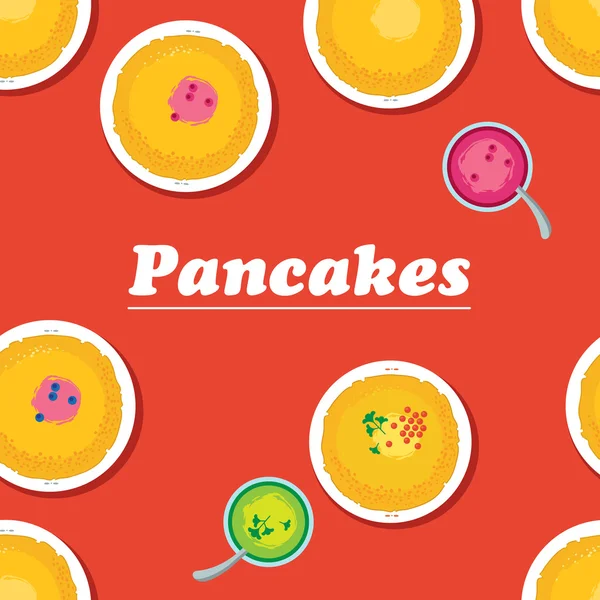 Pancakes. Russian cuisine. Template for menu with cooking utensils and food:  jam, pancakes — Stock Vector